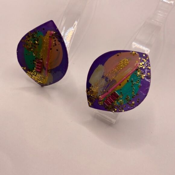 Vintage 1980’s Enamel, Glitter, and textured Earrings Clip-ons - Picture 2 of 10